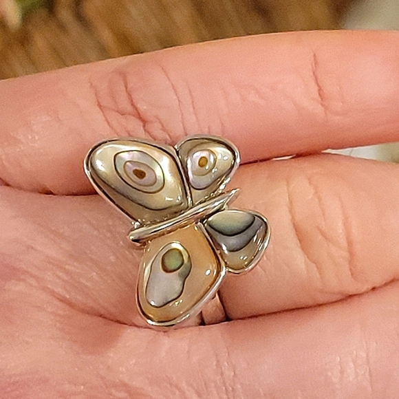 STERLING SILVER STAMPED 925 ABALONE BUTTERFLY RING - Picture 1 of 7